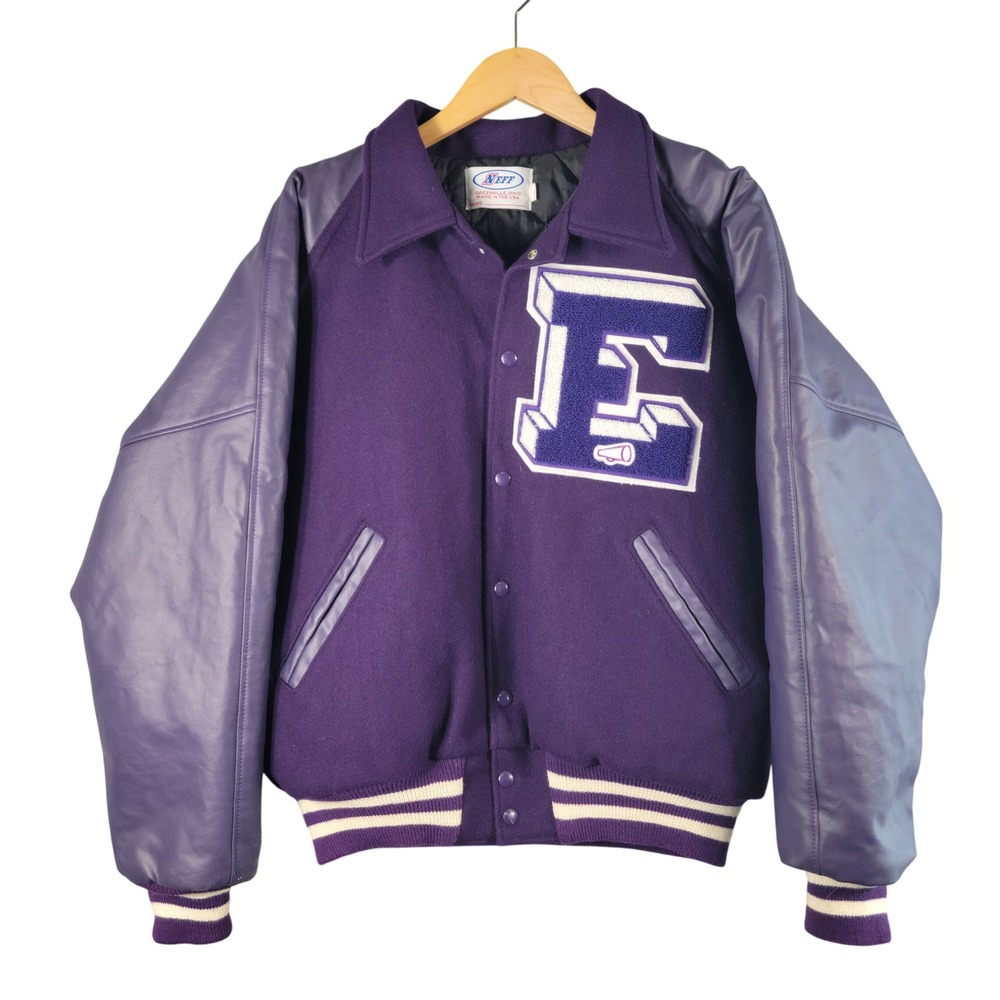 Vintage 90s Neff Varsity Jacket Large Purple Wool Leather Letterman E Patch USA